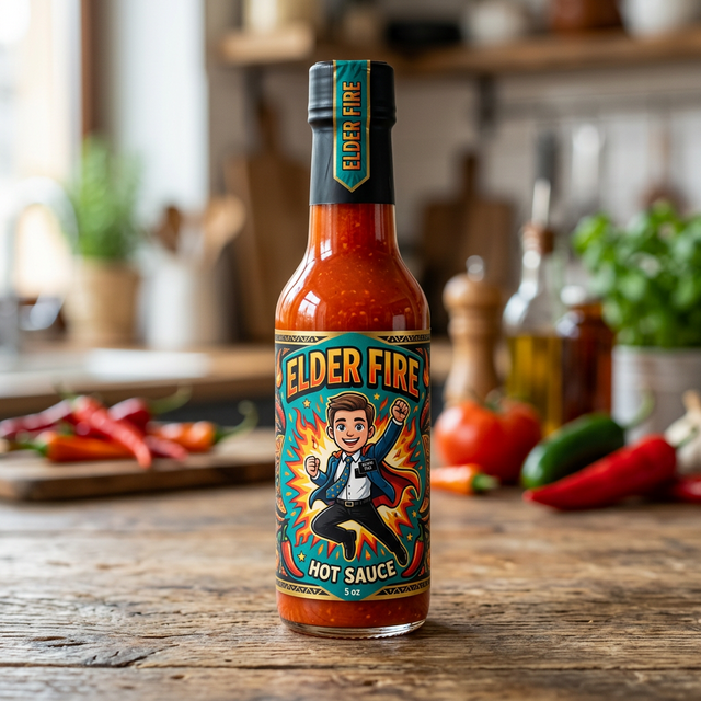 Custom hot sauce bottle with cartoon missionary label